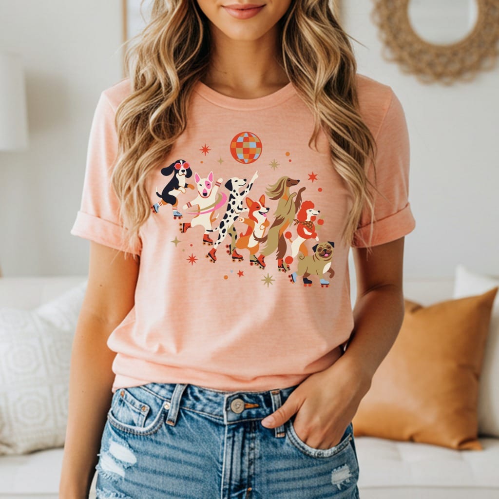 T-shirt with a graphic of dogs roller skating under a disco ball.