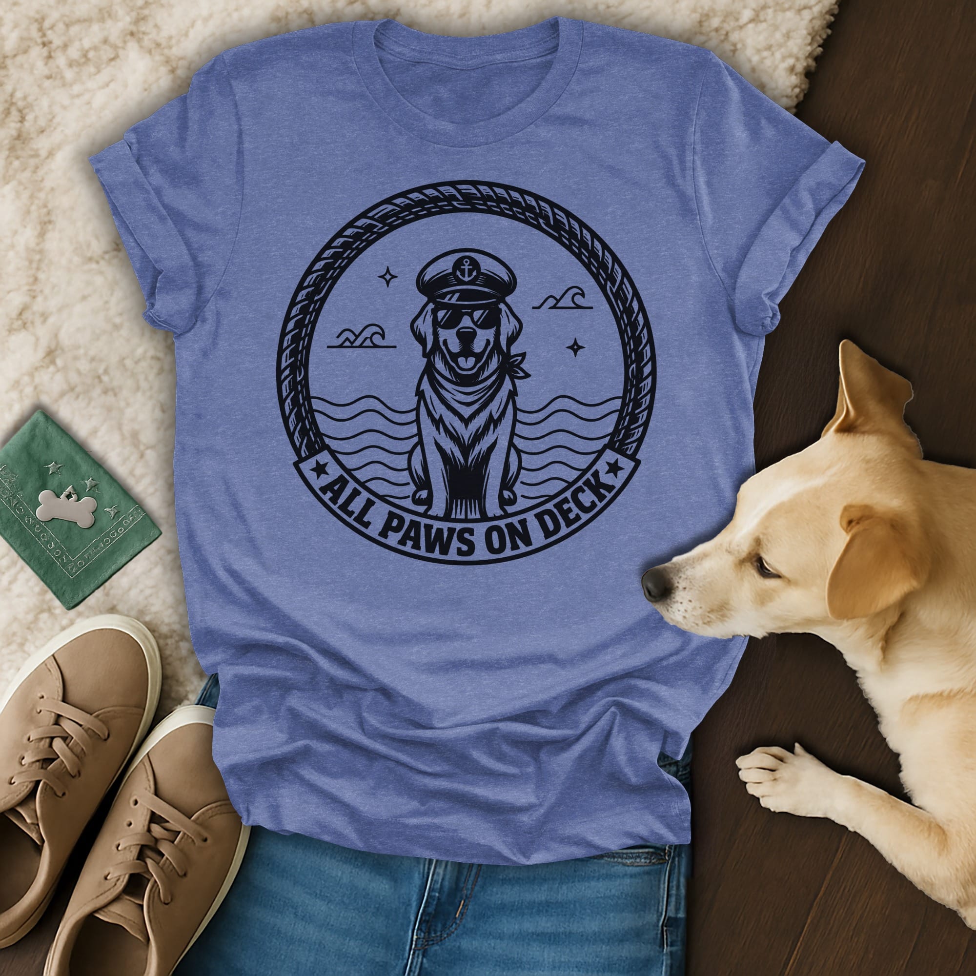 Blue t-shirt with "All Paws on Deck" and a dog wearing a captain's hat.