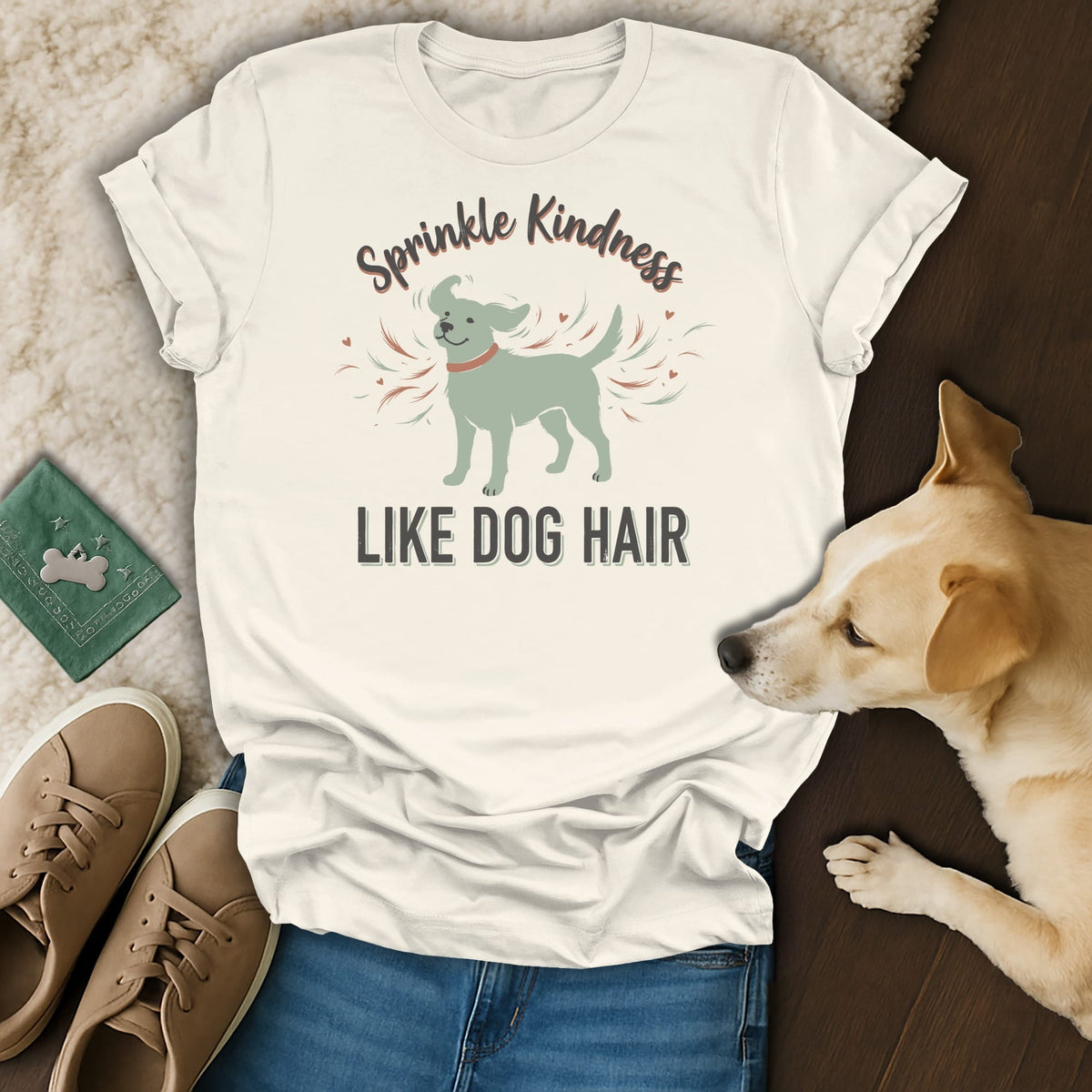 Cream t-shirt with "Sprinkle Kindness Like Dog Hair" graphic and illustrated dog.