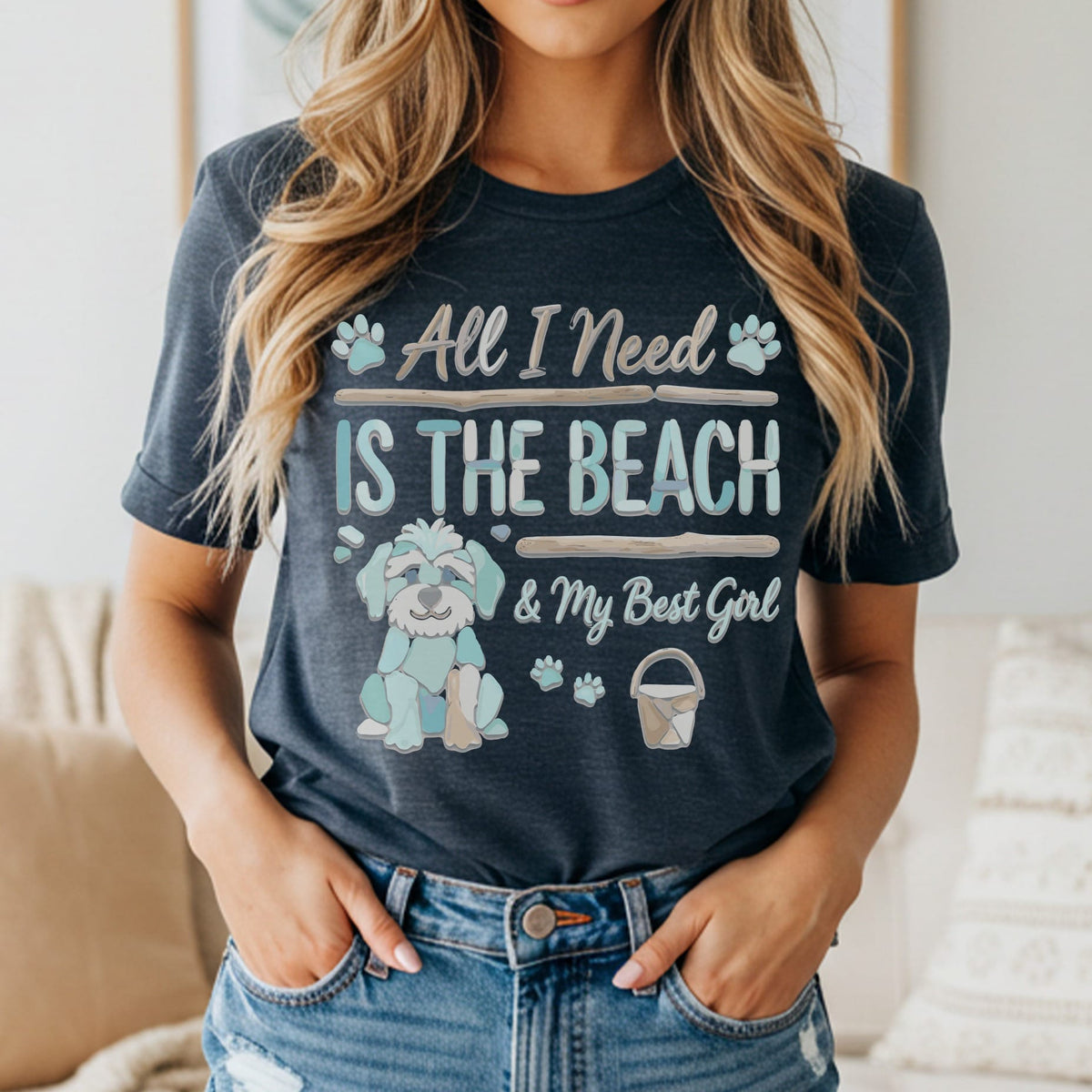 Dark grey t-shirt with "All I Need Is The Beach & My Best Girl" text and dog graphics.