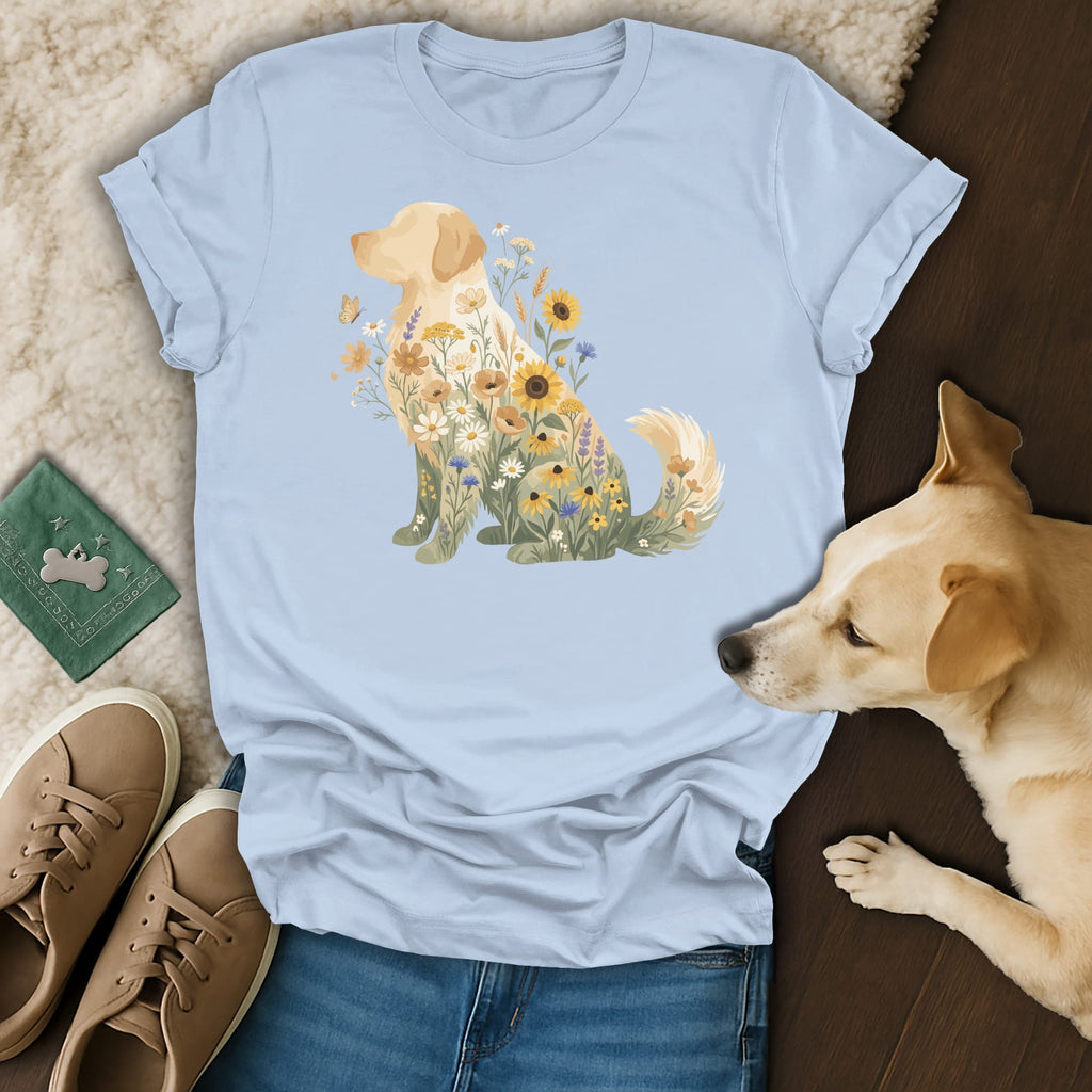 Light blue t-shirt with a golden retriever silhouette filled with wildflowers and butterflies.