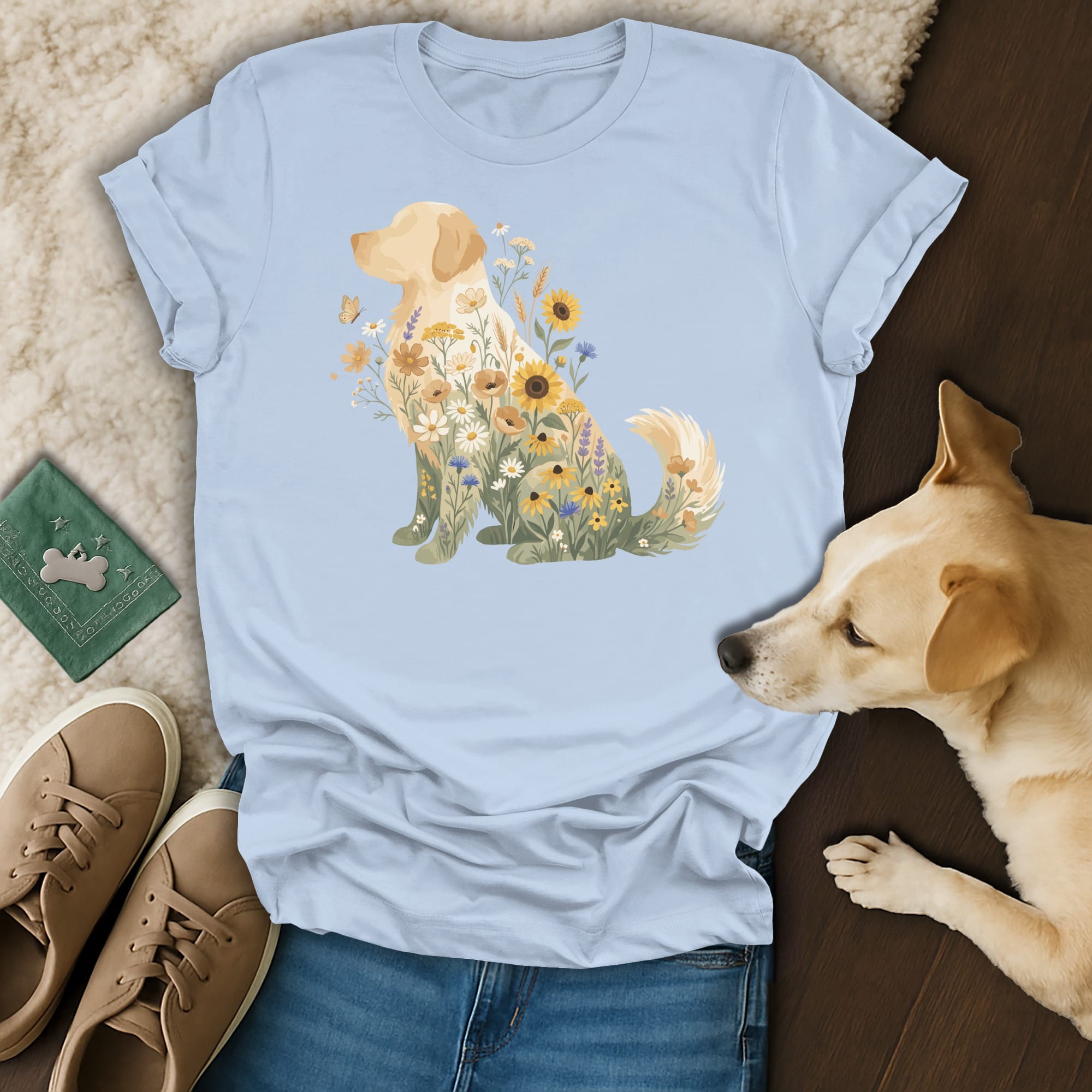 Light blue t-shirt with a golden retriever silhouette filled with wildflowers and butterflies.