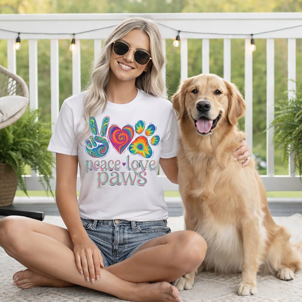 Peace Love Paws Tie Dye Dog Lover Design product type
peace love paws
dog lover gift
tie dye design
paw print shirt
peace sign shirt
heart paw print
animal lover
golden retriever
pet owner gift
puppy love
graphic tee
casual shirt
unisex shirt
summer style
happy dog
cute dog shirt
hippie style
vibrant colors
rescue dog
dog mom