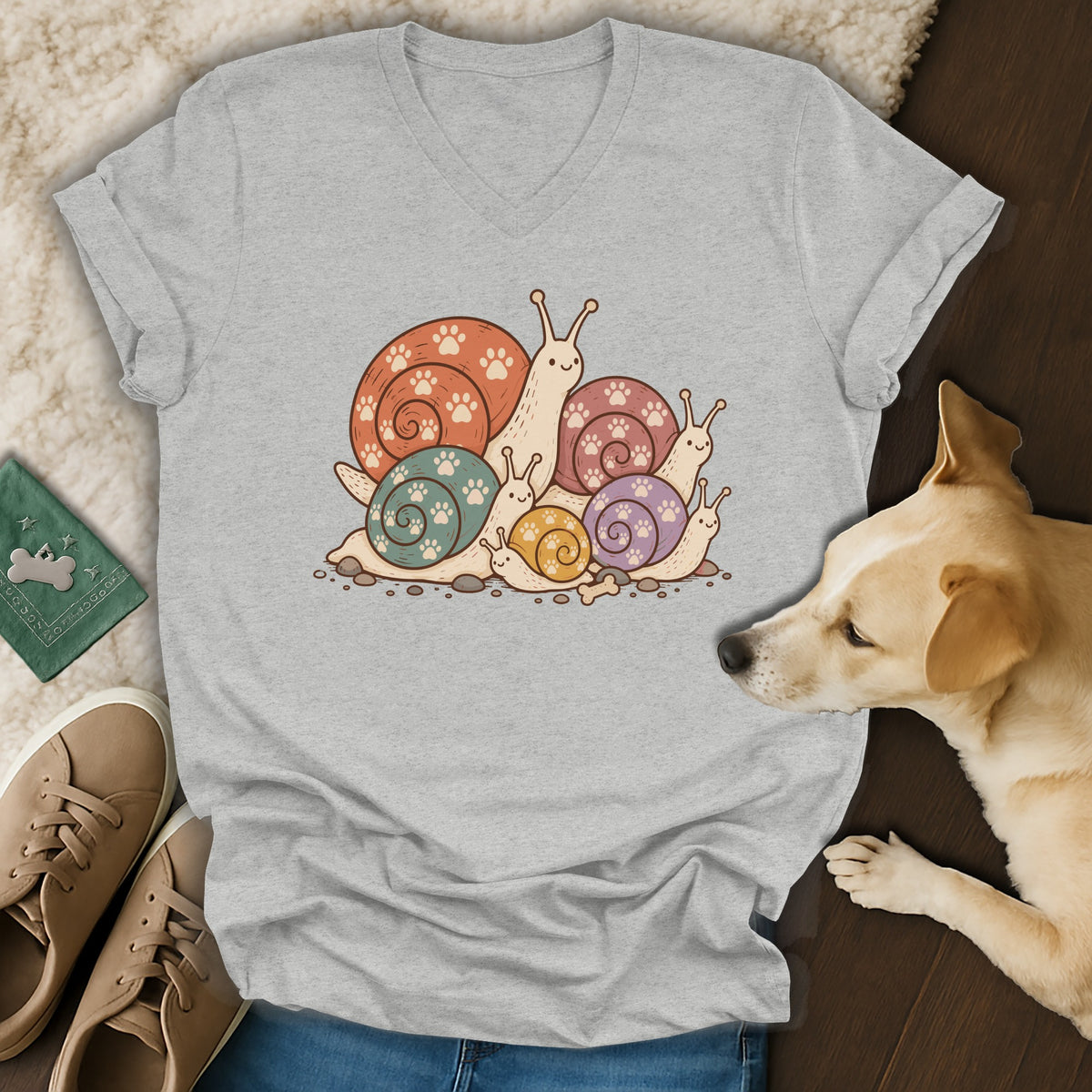 A grey v-neck t-shirt featuring a cartoon illustration of snails with pawprint shells, displayed with shoes and a dog.