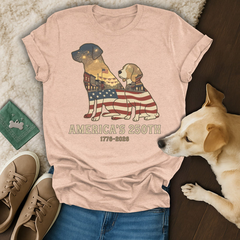 T-shirt with fireworks, American flag, and dog silhouette, commemorating America's 250th.