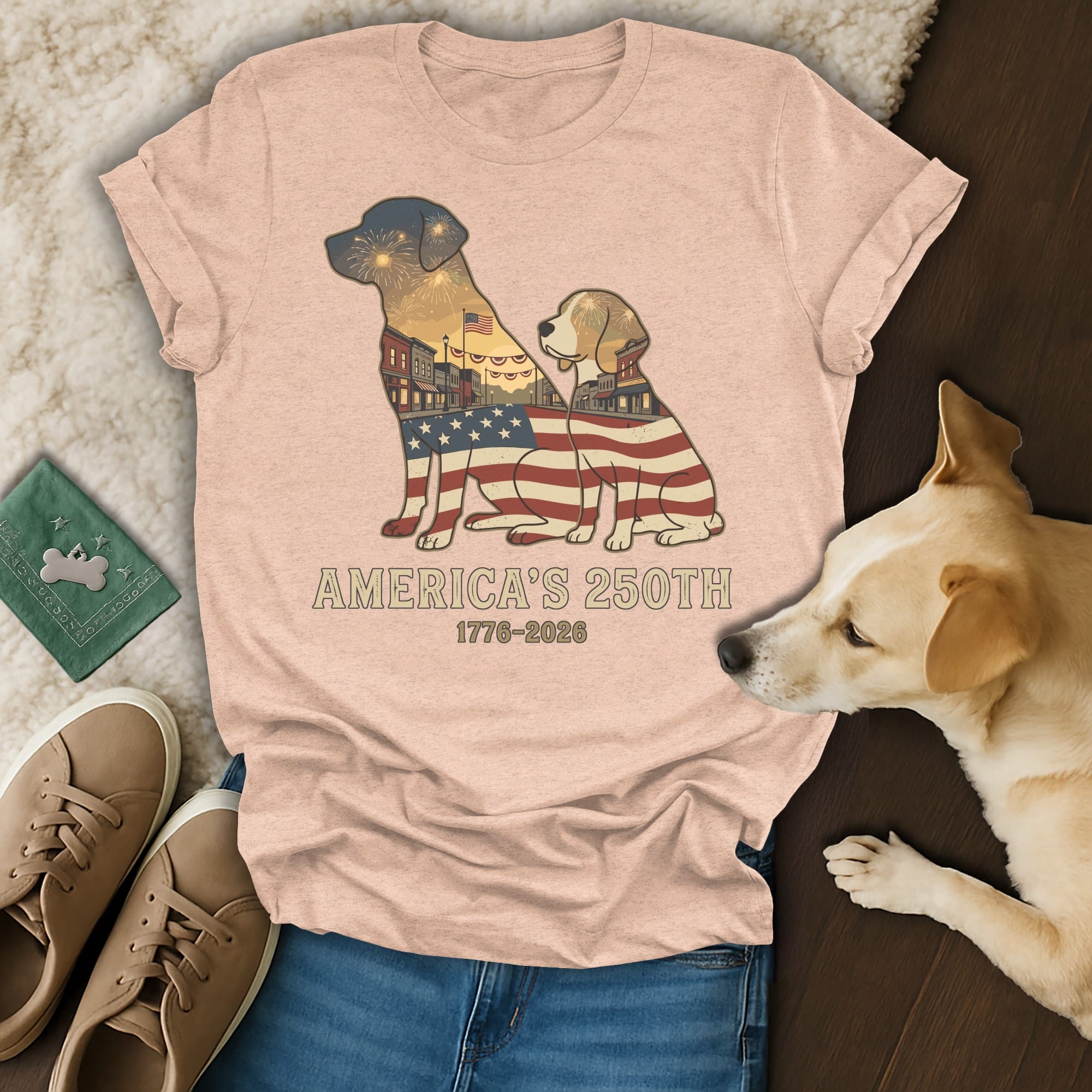 T-shirt with fireworks, American flag, and dog silhouette, commemorating America's 250th.