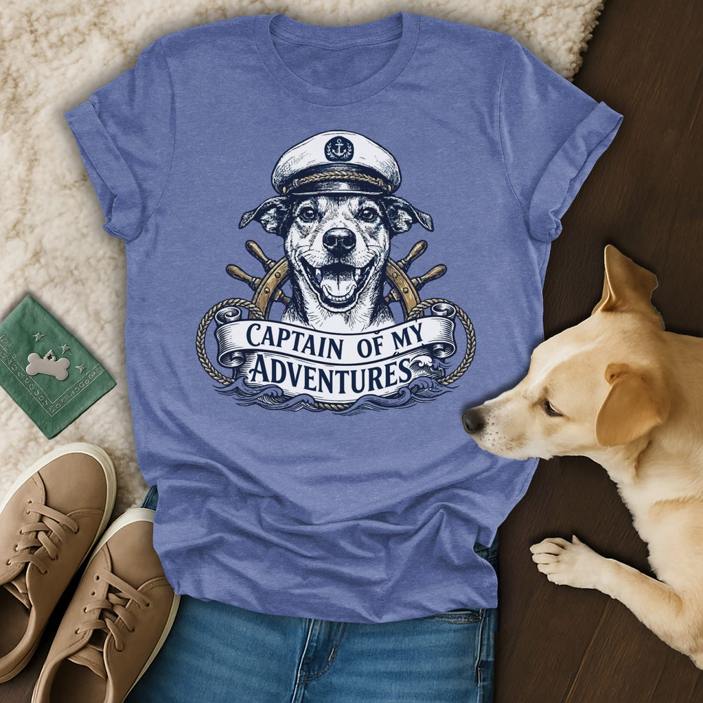 Dog wearing a captain's hat, text "CAPTAIN OF MY ADVENTURES" on banner.