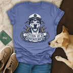 Dog wearing a captain's hat, text "CAPTAIN OF MY ADVENTURES" on banner.