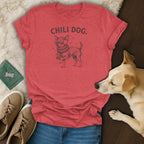 Red t-shirt with "CHILI DOG." text and illustrated dog wearing ear muffs and scarf.