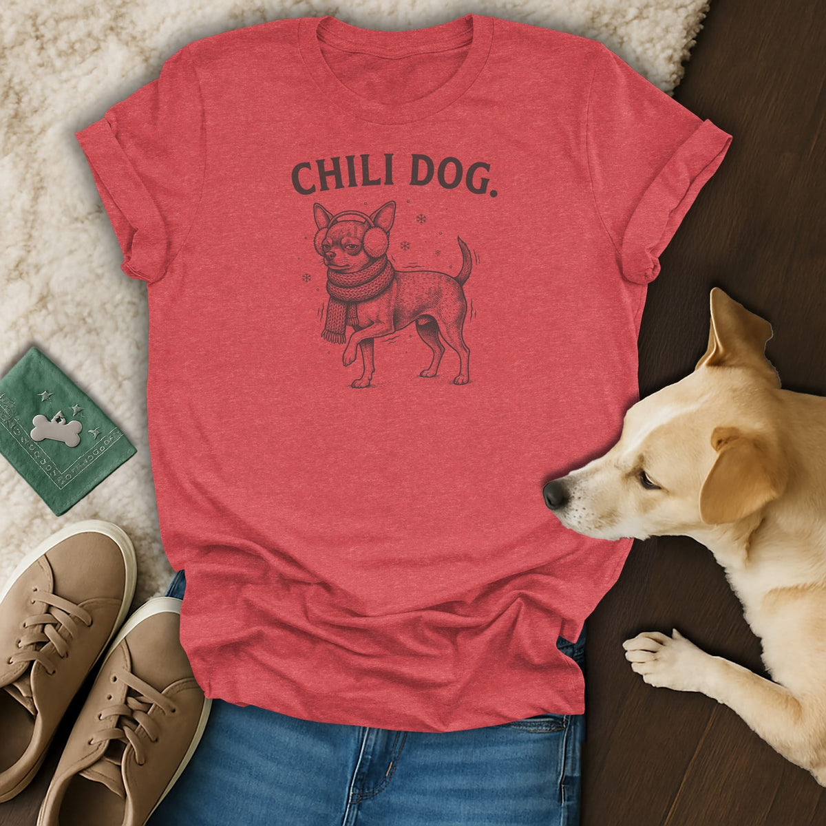 Red t-shirt with "CHILI DOG." text and illustrated dog wearing ear muffs and scarf.