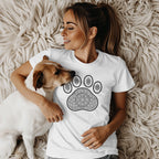Woman Relaxing with Dog Wearing Mandala Paw Print Shirt