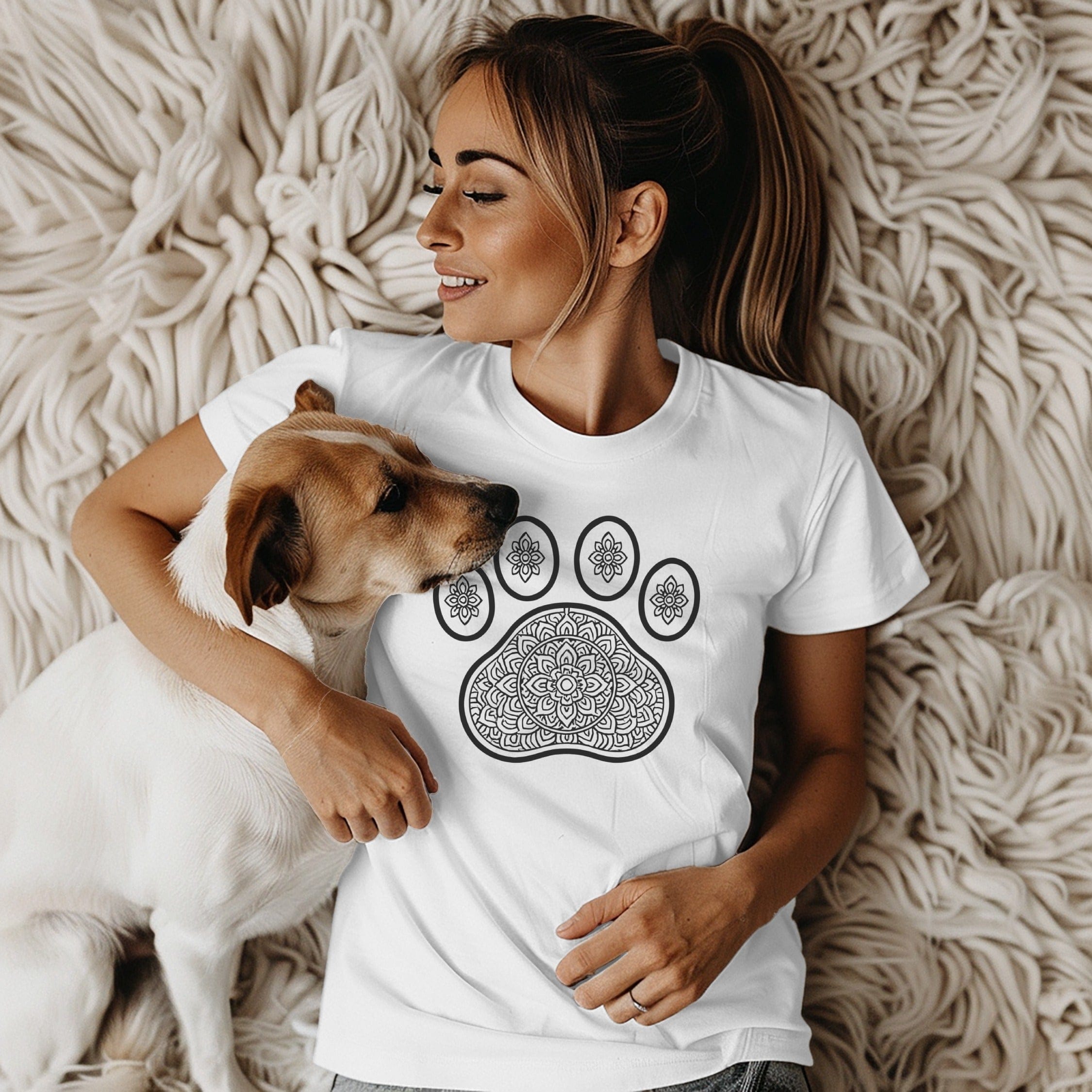 Woman Relaxing with Dog Wearing Mandala Paw Print Shirt