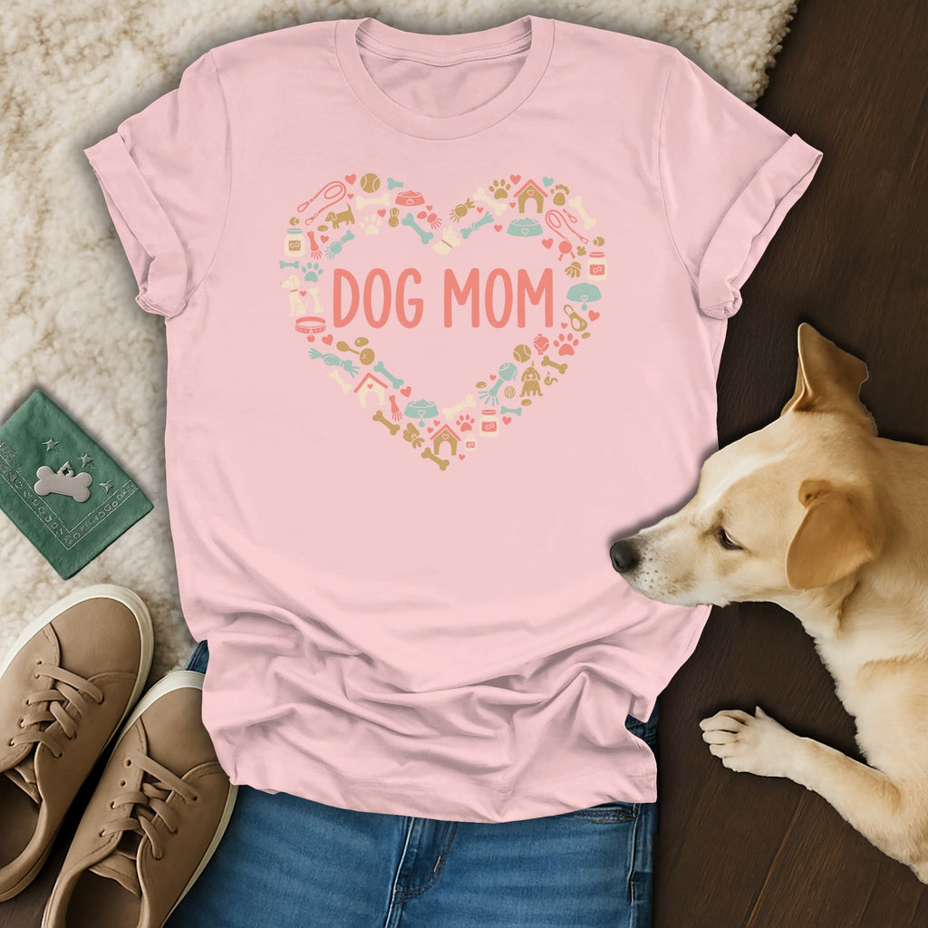 Pink t-shirt with "DOG MOM" and dog-themed icons inside a heart.