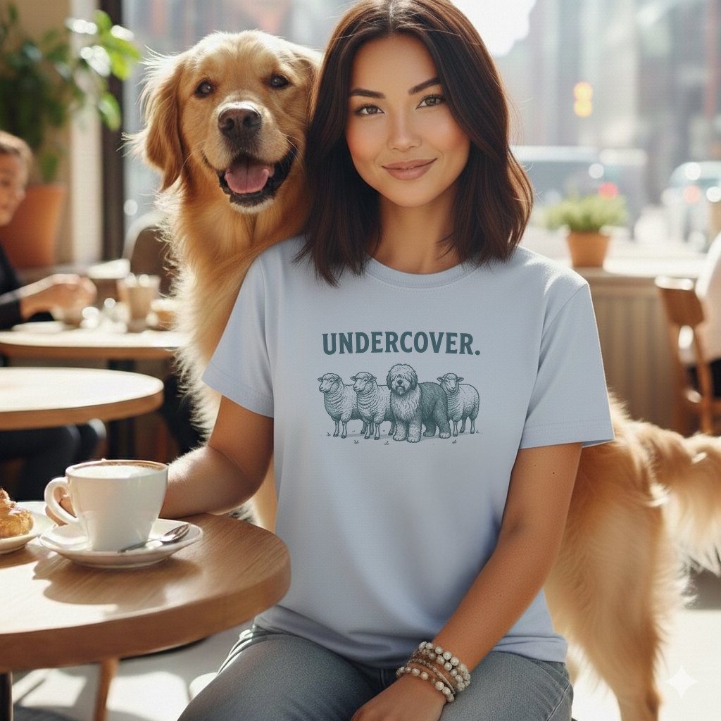 Light blue t-shirt with "UNDERCOVER." and sheep graphic, dog peeking.